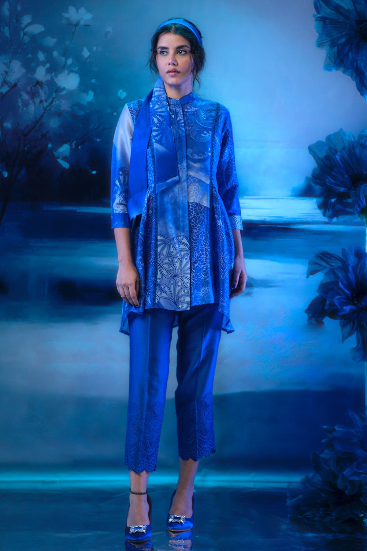 Buy Indigo Chanderi Print Co-ord Set by Mandira Wirk for women online at ScrollnShops